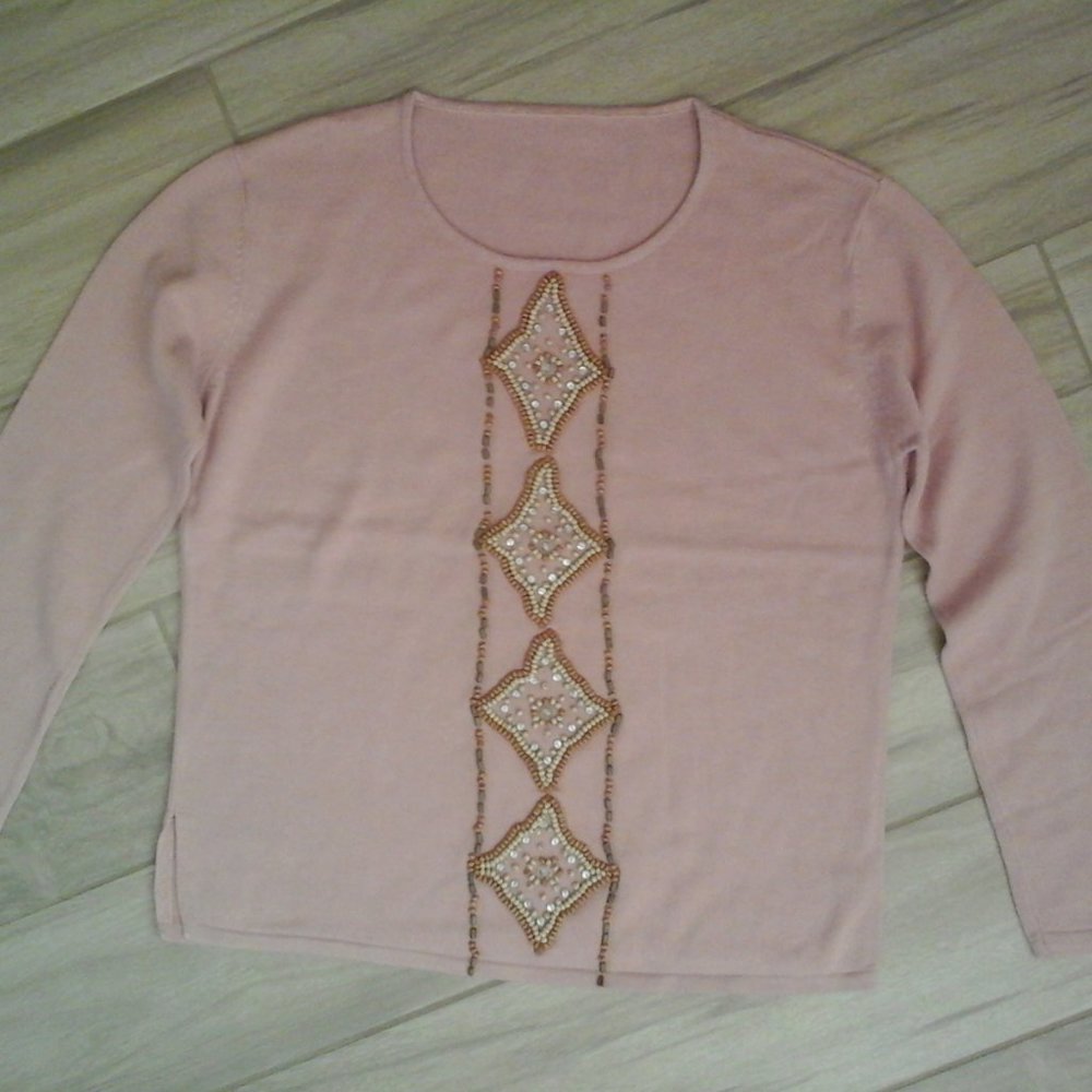 Mauve Pink Beaded Long Sleeve Scoop Neck Pullover Sweater Size M